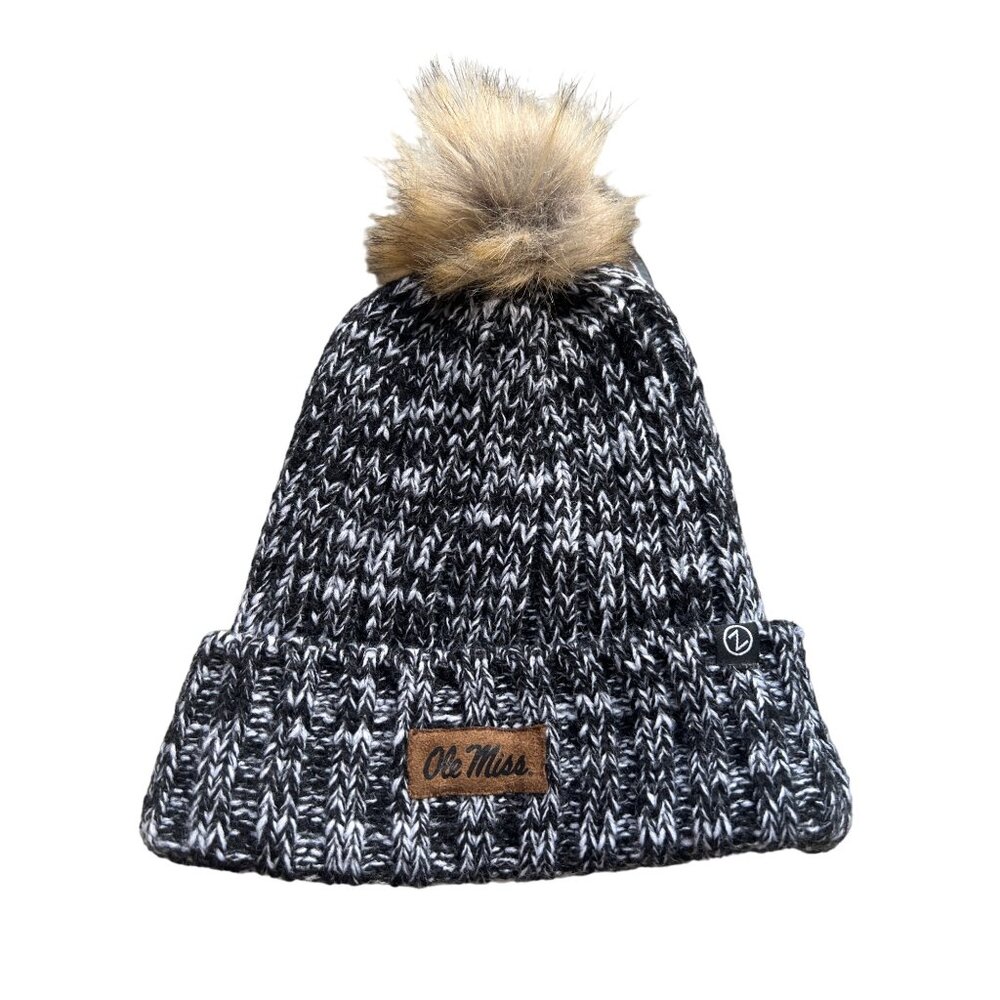 Zephyr Ole Miss Pom Beanie Hat Unisex OSFA Black White Knit Acrylic College NEW